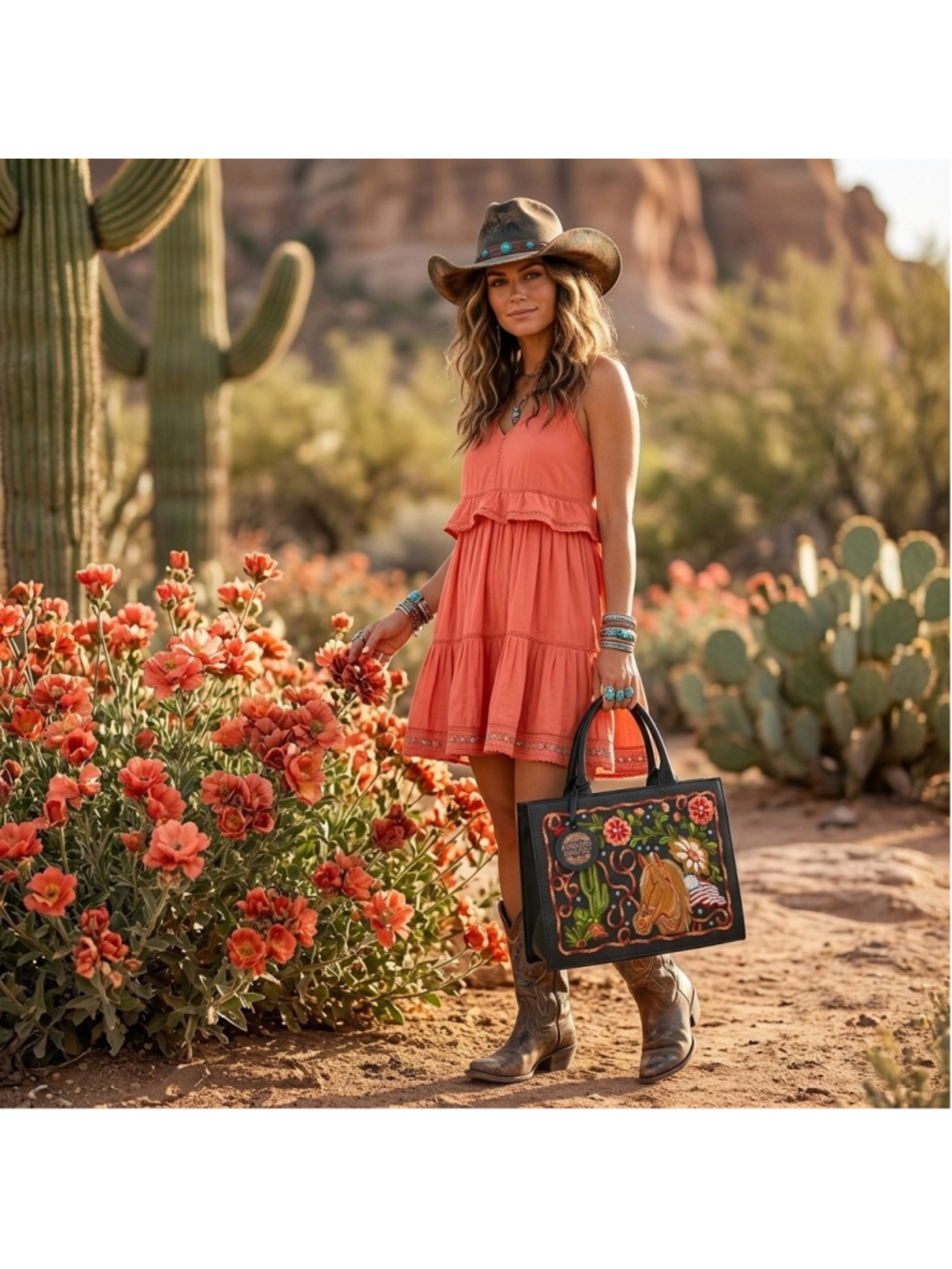 American Darling Western American Pose and Blooms Embroidered Tote- Horse